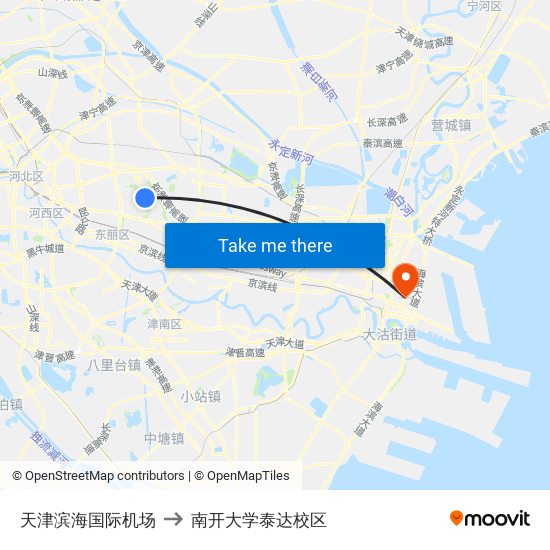 天津滨海国际机场 to 南开大学泰达校区 map