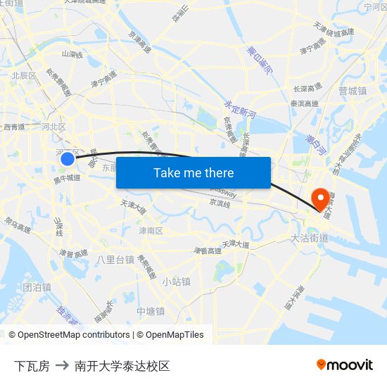 下瓦房 to 南开大学泰达校区 map