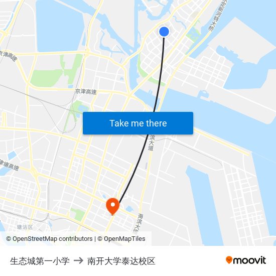 生态城第一小学 to 南开大学泰达校区 map