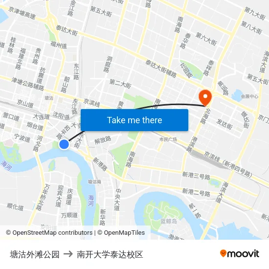 塘沽外滩公园 to 南开大学泰达校区 map