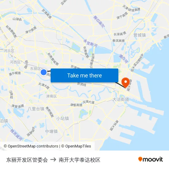 东丽开发区管委会 to 南开大学泰达校区 map