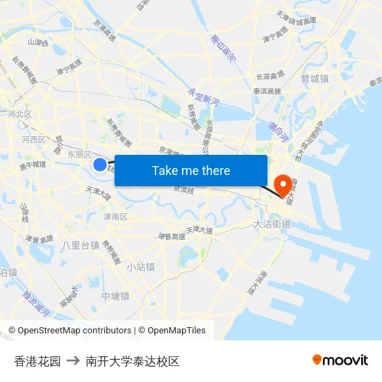 香港花园 to 南开大学泰达校区 map