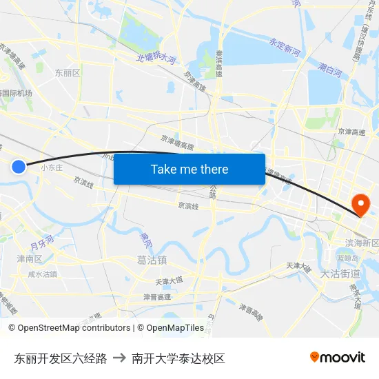 东丽开发区六经路 to 南开大学泰达校区 map