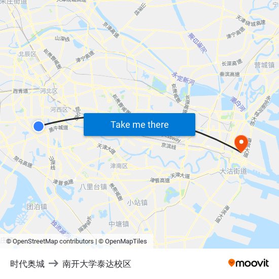 时代奥城 to 南开大学泰达校区 map