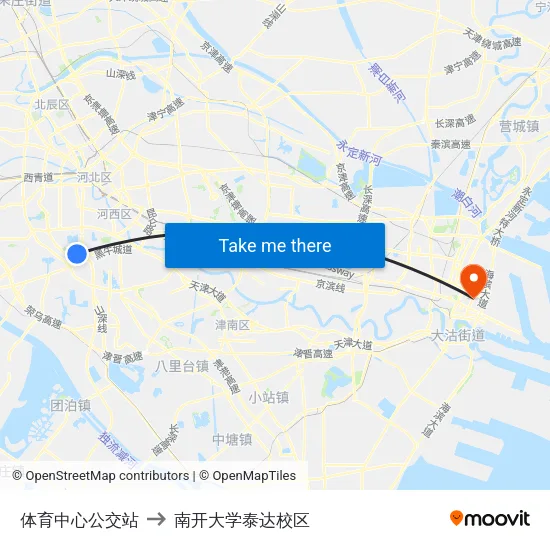 体育中心公交站 to 南开大学泰达校区 map