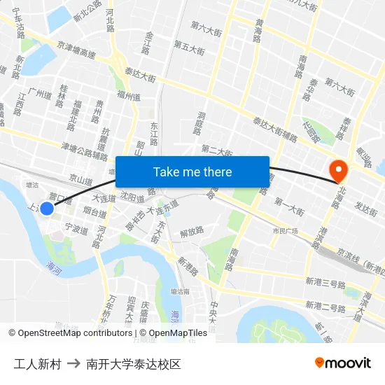 工人新村 to 南开大学泰达校区 map