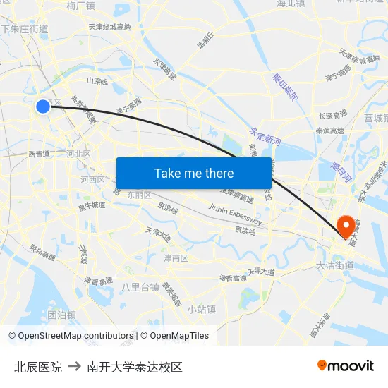 北辰医院 to 南开大学泰达校区 map