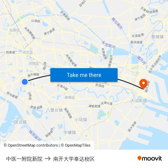 中医一附院新院 to 南开大学泰达校区 map