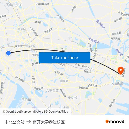 中北公交站 to 南开大学泰达校区 map