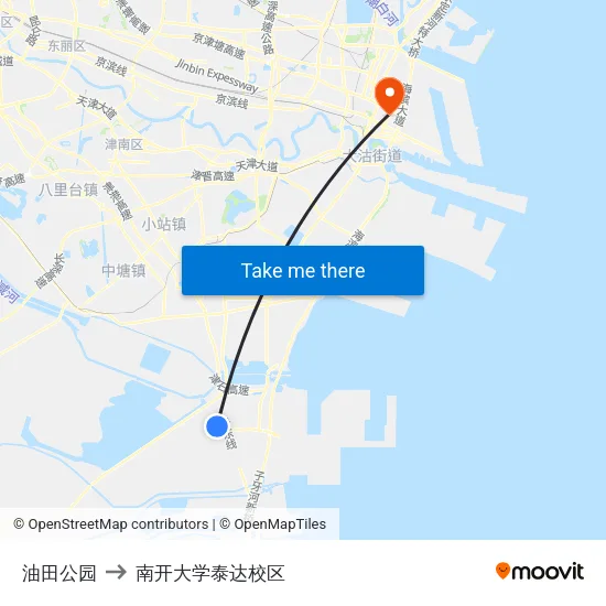 油田公园 to 南开大学泰达校区 map