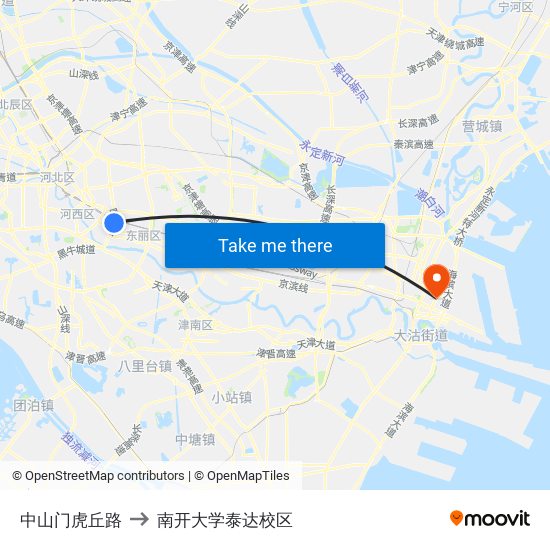 中山门虎丘路 to 南开大学泰达校区 map