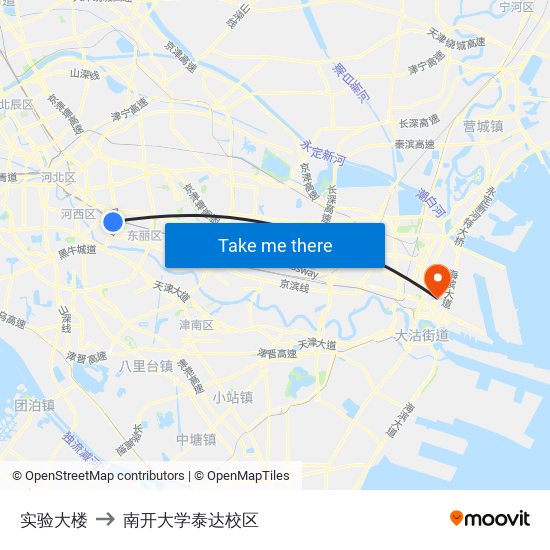 实验大楼 to 南开大学泰达校区 map