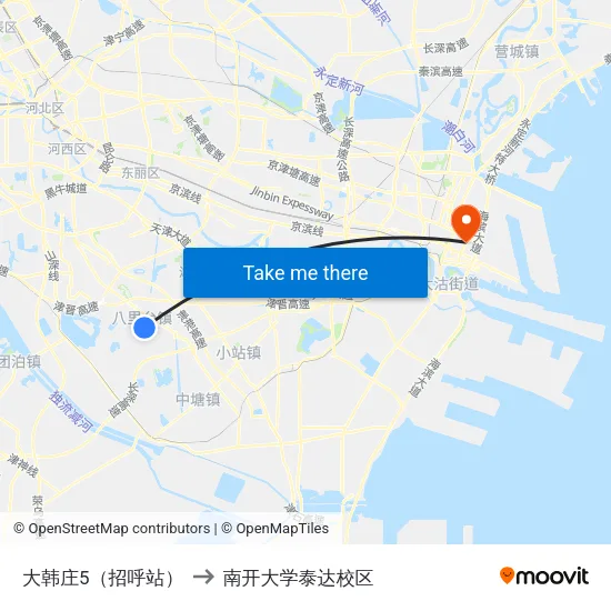 大韩庄5（招呼站） to 南开大学泰达校区 map