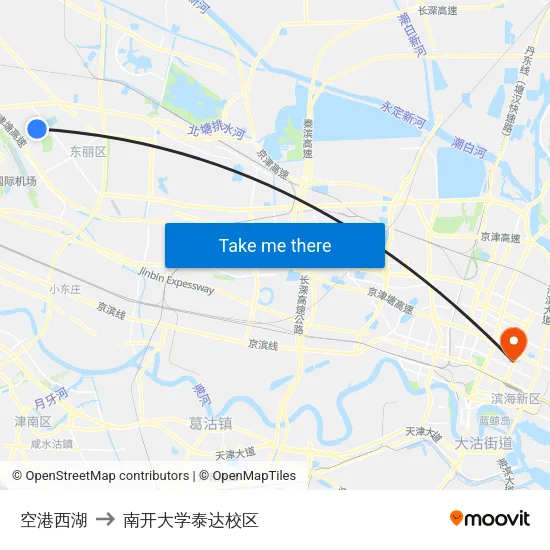 空港西湖 to 南开大学泰达校区 map