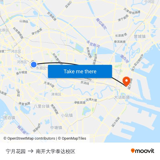 宁月花园 to 南开大学泰达校区 map