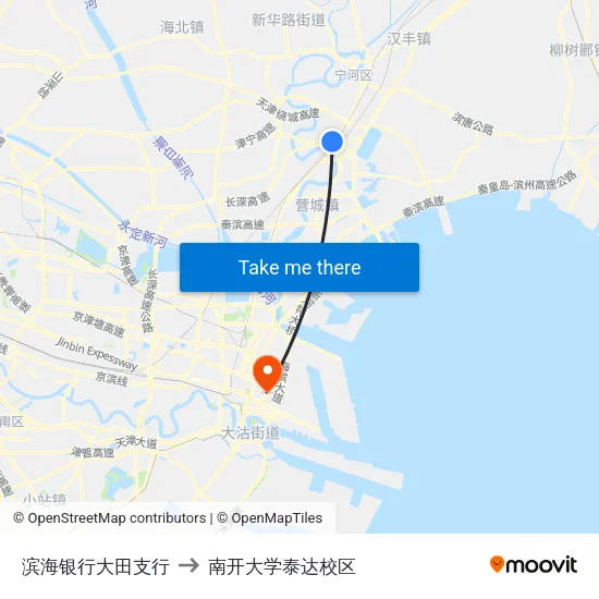 滨海银行大田支行 to 南开大学泰达校区 map