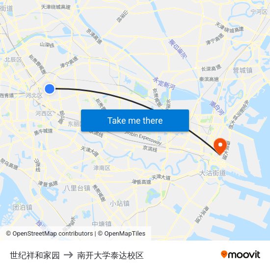 世纪祥和家园 to 南开大学泰达校区 map