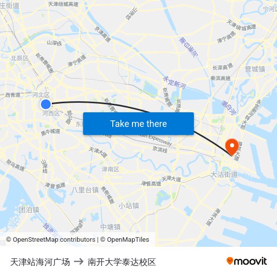 天津站海河广场 to 南开大学泰达校区 map