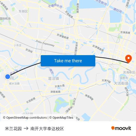 米兰花园 to 南开大学泰达校区 map