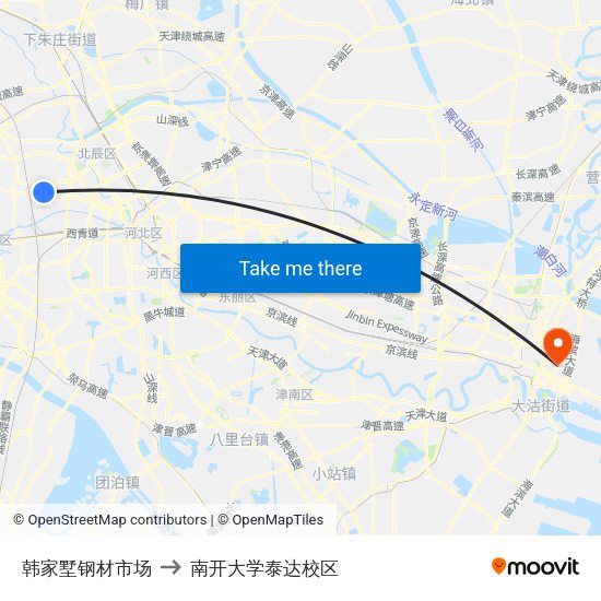 韩家墅钢材市场 to 南开大学泰达校区 map