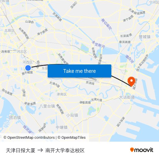 天津日报大厦 to 南开大学泰达校区 map