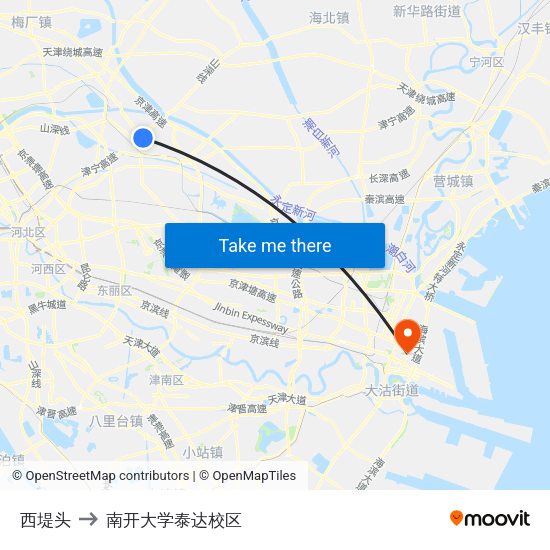 西堤头 to 南开大学泰达校区 map