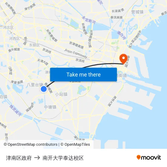 津南区政府 to 南开大学泰达校区 map