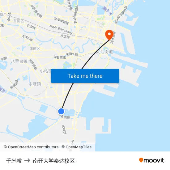 千米桥 to 南开大学泰达校区 map