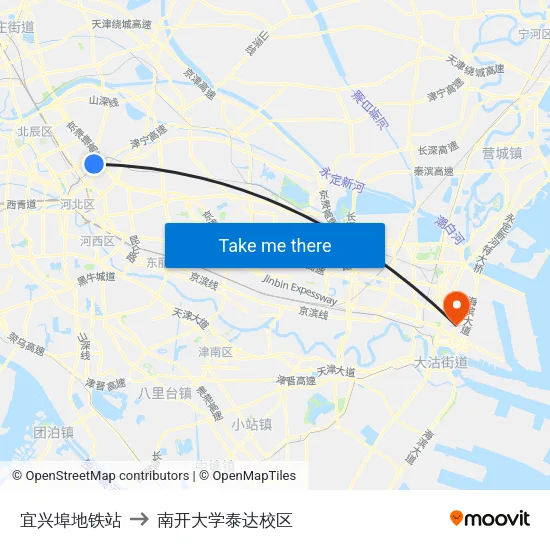 宜兴埠地铁站 to 南开大学泰达校区 map