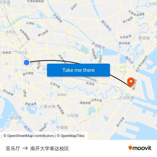 音乐厅 to 南开大学泰达校区 map