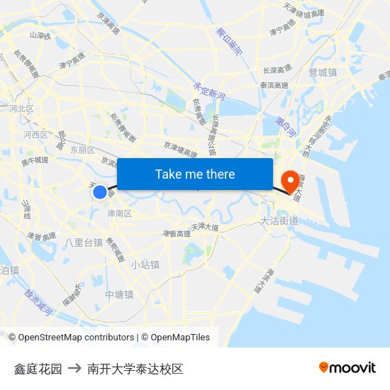 鑫庭花园 to 南开大学泰达校区 map