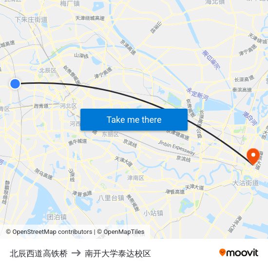 北辰西道高铁桥 to 南开大学泰达校区 map