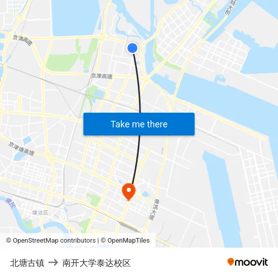北塘古镇 to 南开大学泰达校区 map
