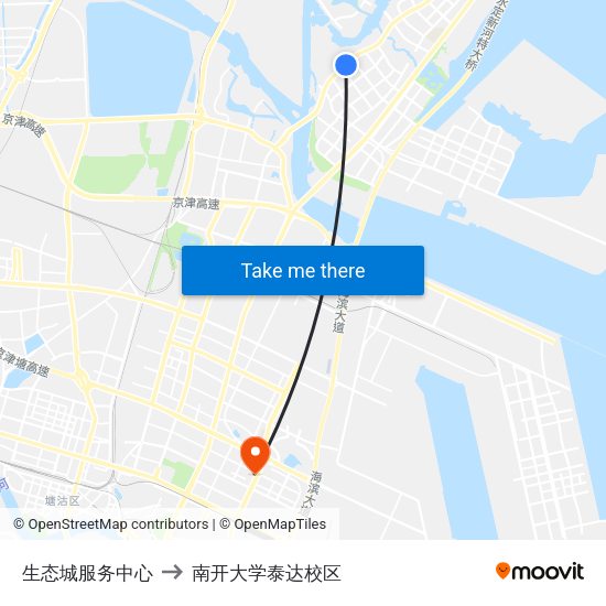 生态城服务中心 to 南开大学泰达校区 map