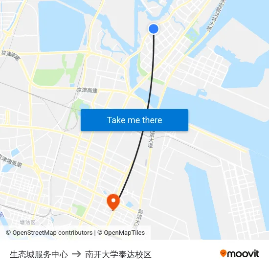 生态城服务中心 to 南开大学泰达校区 map