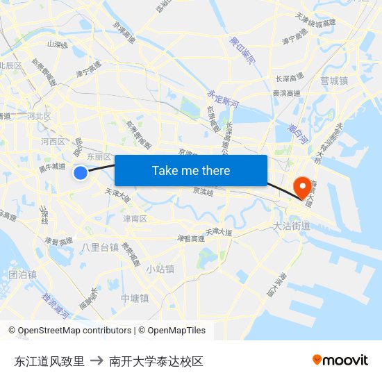 东江道风致里 to 南开大学泰达校区 map