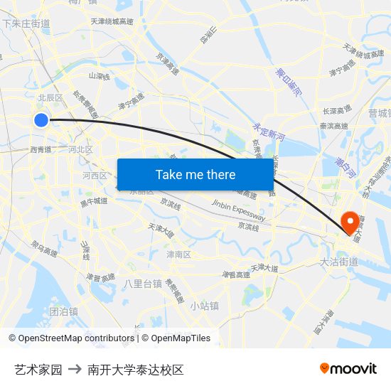艺术家园 to 南开大学泰达校区 map