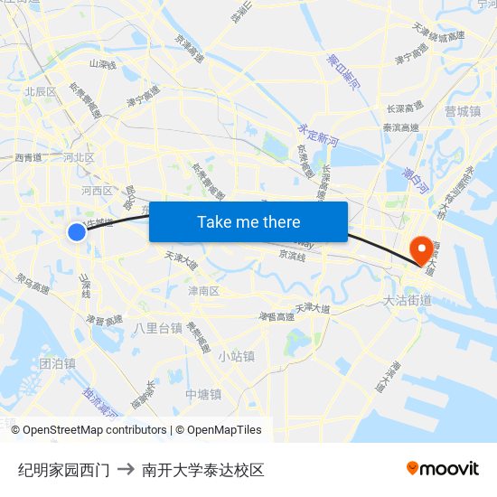 纪明家园西门 to 南开大学泰达校区 map