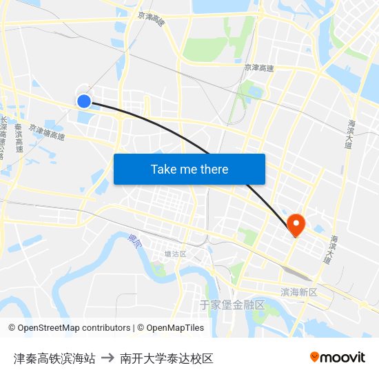 津秦高铁滨海站 to 南开大学泰达校区 map