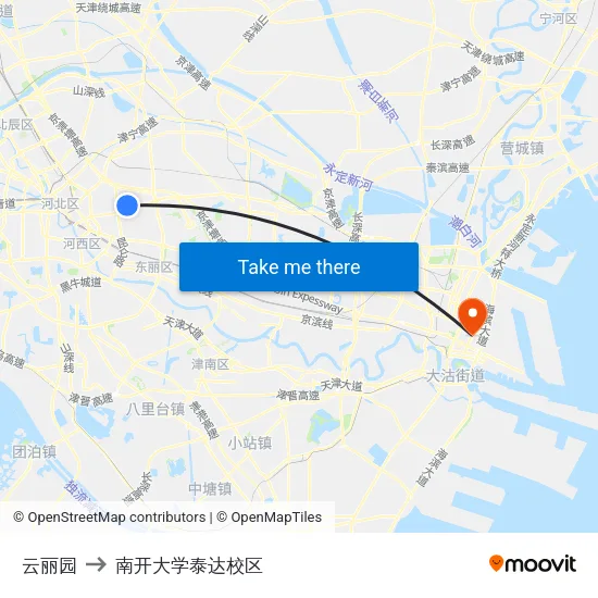 云丽园 to 南开大学泰达校区 map