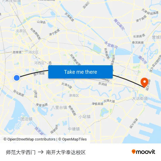 师范大学西门 to 南开大学泰达校区 map