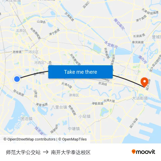 师范大学公交站 to 南开大学泰达校区 map