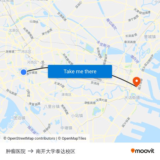 肿瘤医院 to 南开大学泰达校区 map