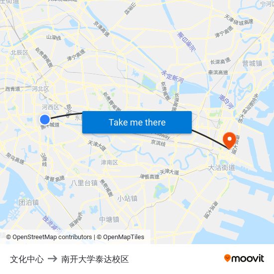 文化中心 to 南开大学泰达校区 map