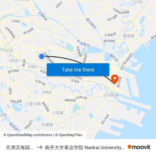 天津滨海国际机场 to 南开大学泰达学院 Nankai University TEDA College map