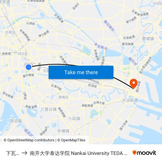 下瓦房 to 南开大学泰达学院 Nankai University TEDA College map