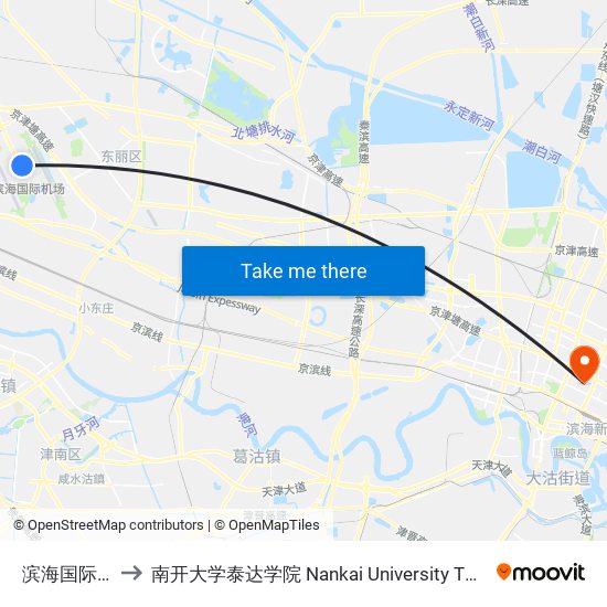 滨海国际机场 to 南开大学泰达学院 Nankai University TEDA College map