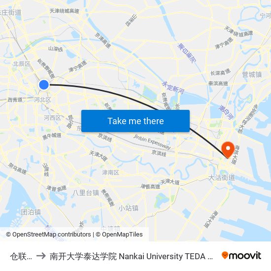 仓联庄 to 南开大学泰达学院 Nankai University TEDA College map
