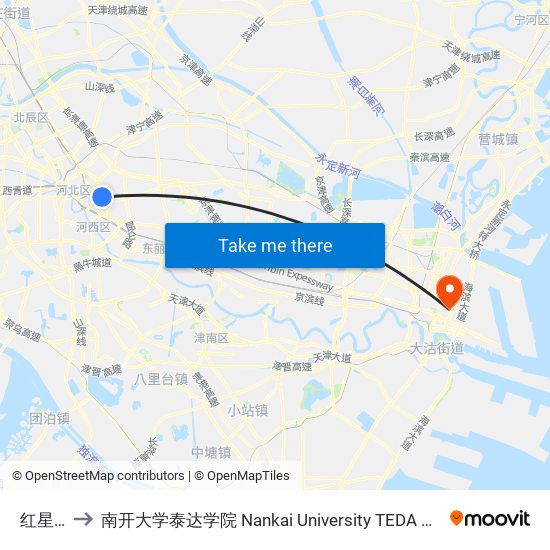 红星路 to 南开大学泰达学院 Nankai University TEDA College map