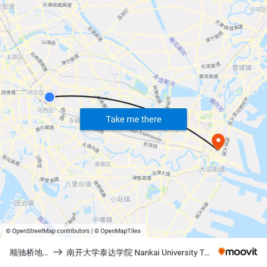 顺驰桥地铁站 to 南开大学泰达学院 Nankai University TEDA College map